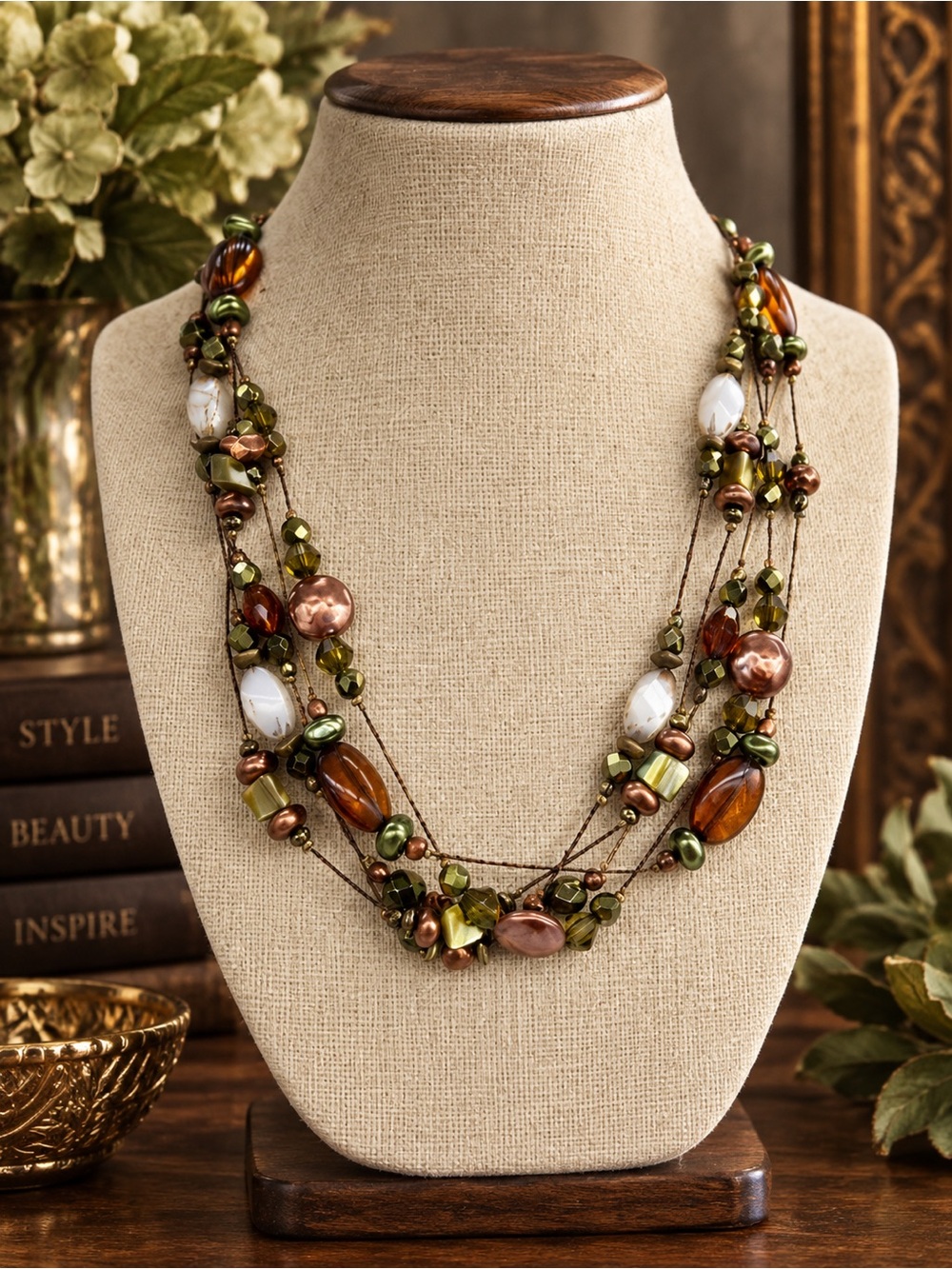 Coldwater Creek Classy Earth-Tone Multi-Strand Beaded Statement Necklace